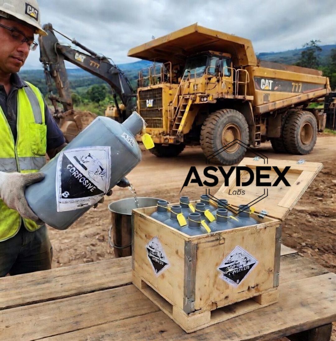 AsydeX Labs worker handling chemical containers at mining site