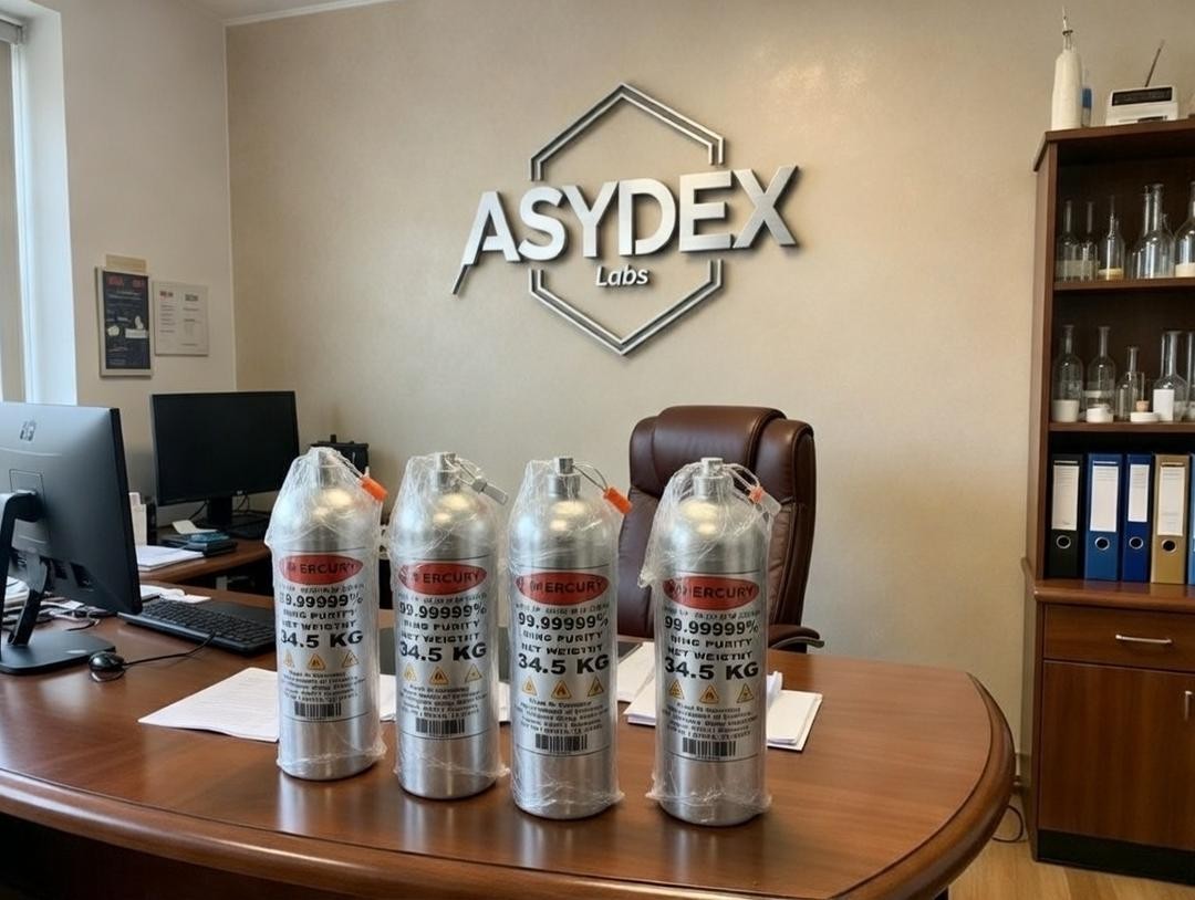 cylinders willed with red mercury placed on a table