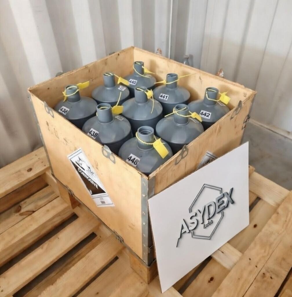 wooden carton filled with mini-cylinders of liquid silver mercury