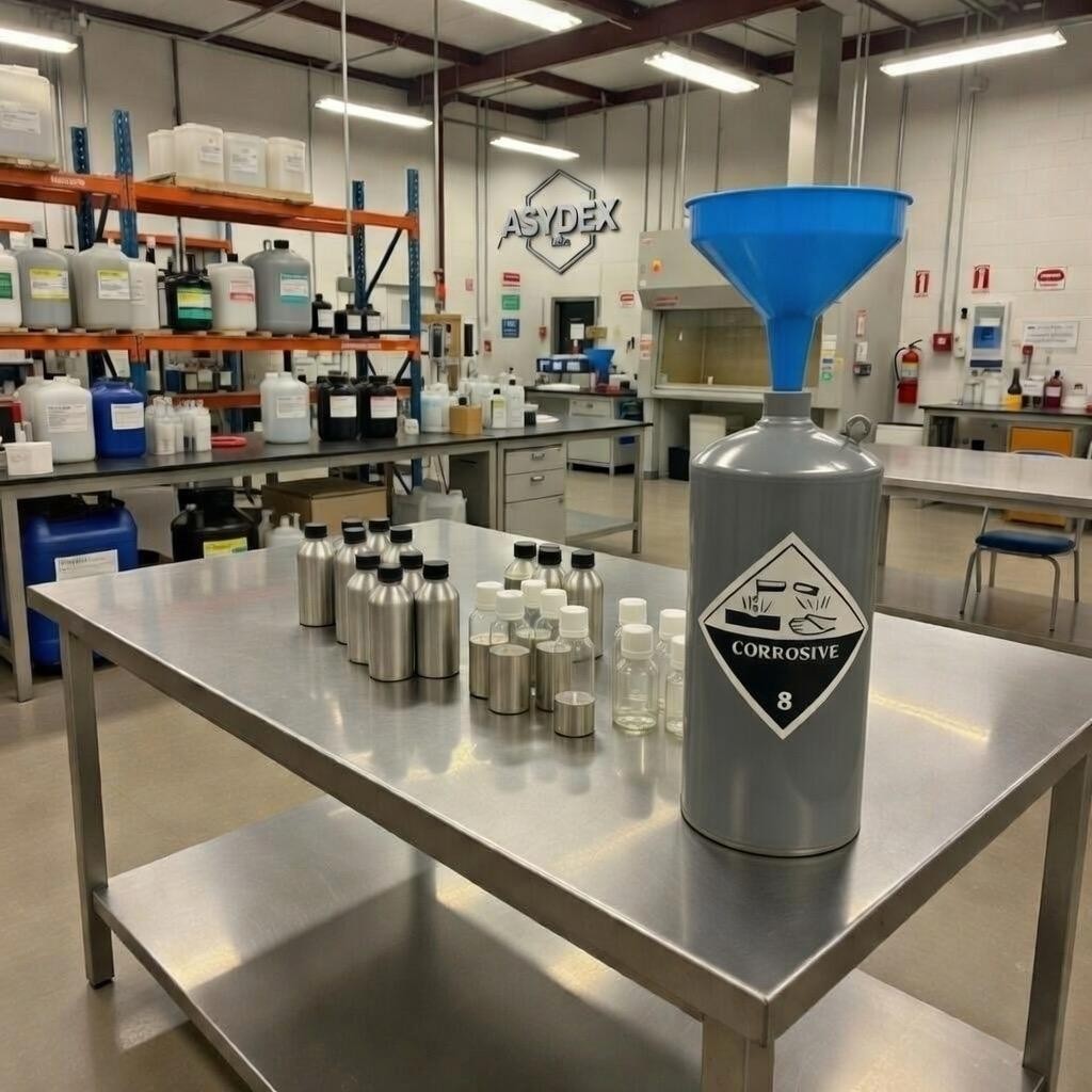 silver liquid mercury cylinder with blue funnel