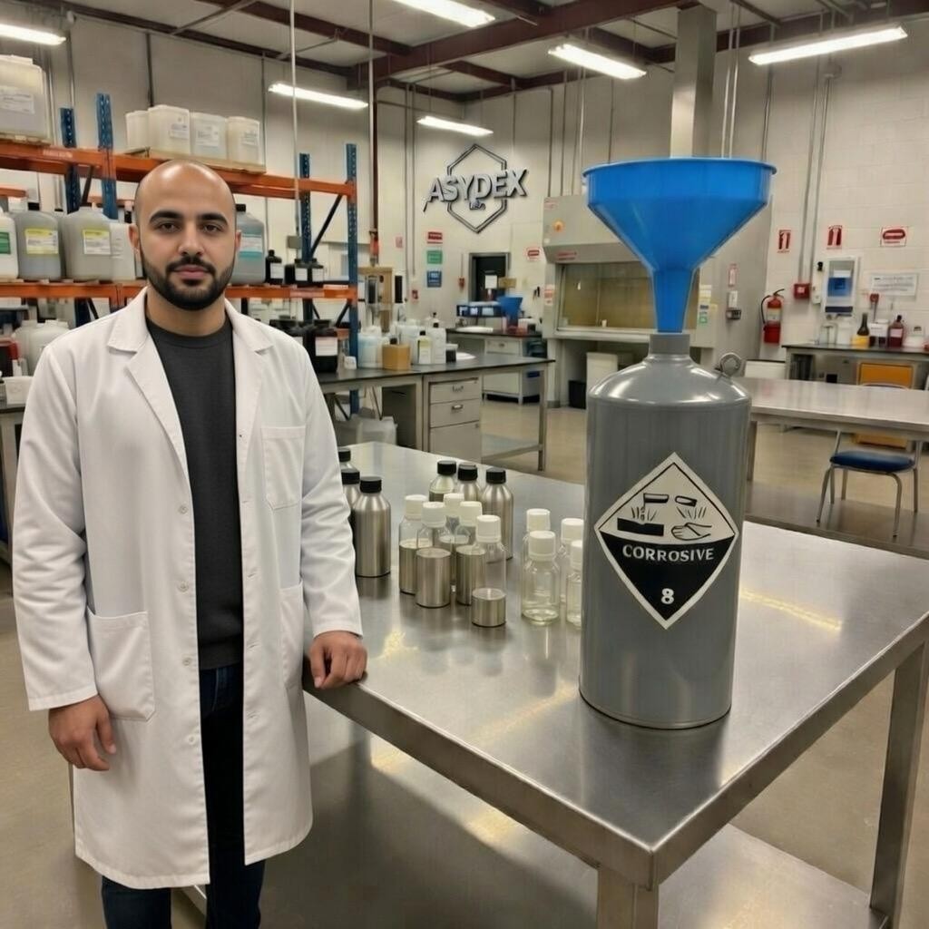 A person wearing lab coat standing near silver mercury cylinder with a blue funnel